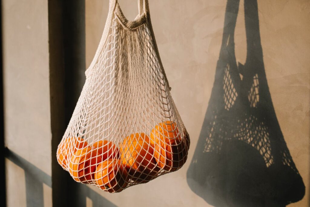 Síťovaná taška s pomeranči.